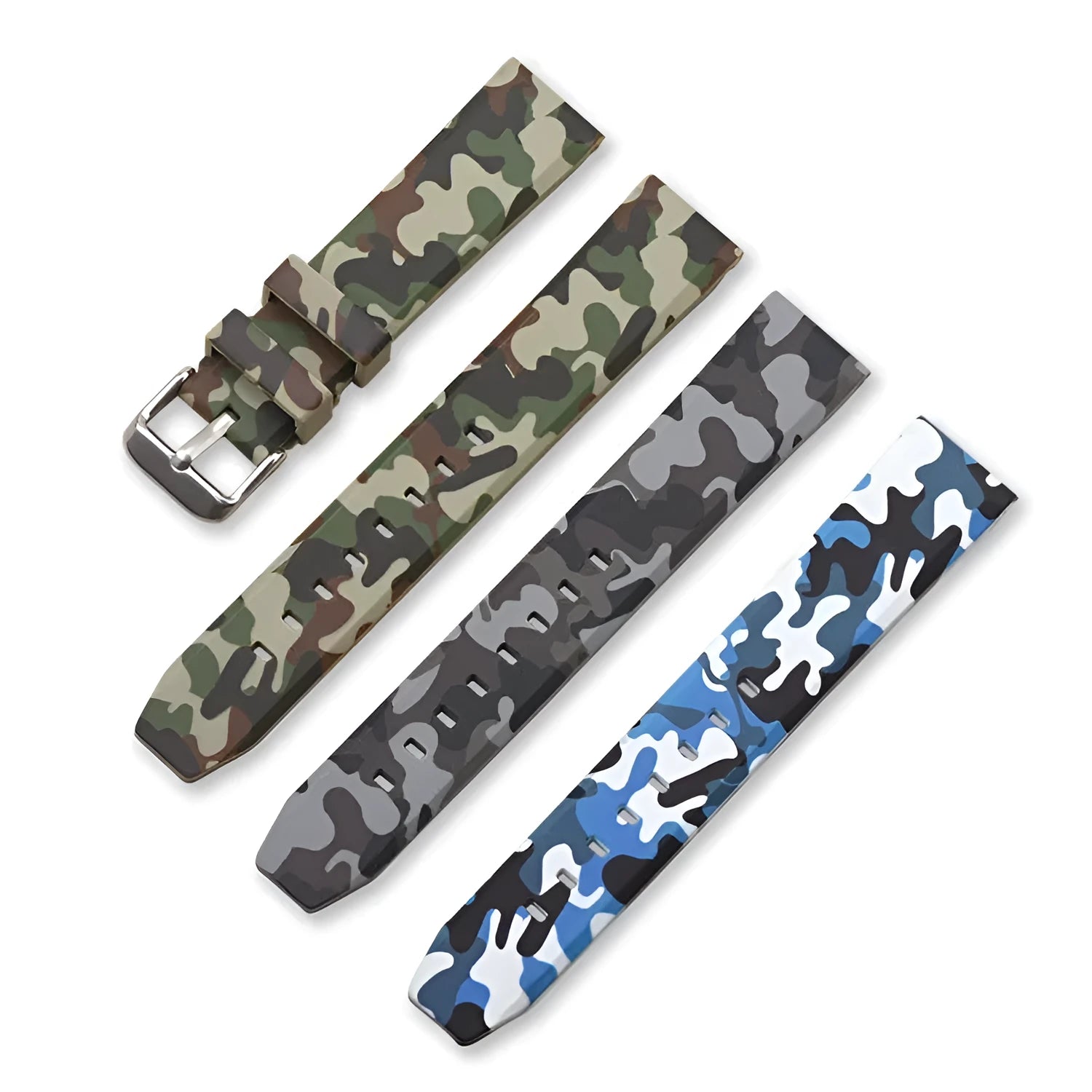Blue camouflage silicone watch strap showing flat head design and texture.
