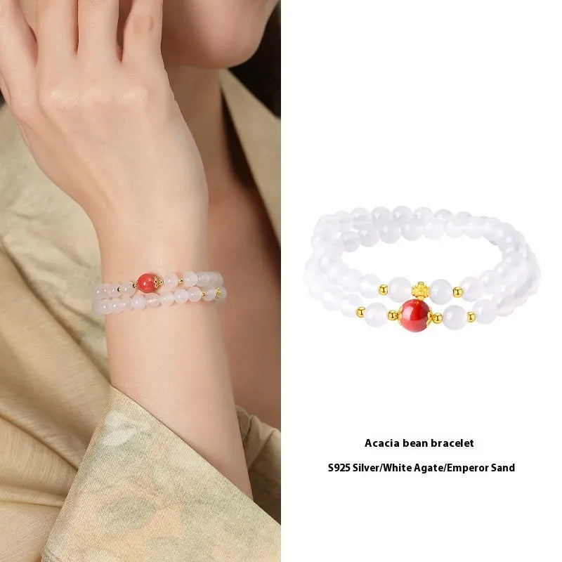 Women's double layer bracelet with white agate geometric beads and Jequirity bean cinnabar accents