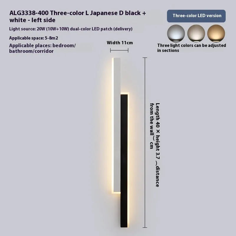 Modern black and white LED strip wall lamp with a grid-free pole gate design and acrylic shade.