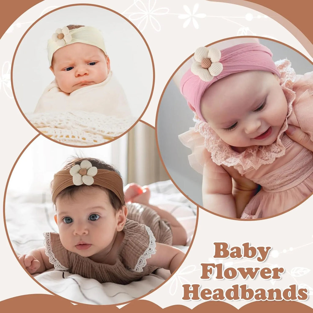 Soft nylon baby flower headbands for newborns, toddlers, in beige, pink, khaki, brown, white colours