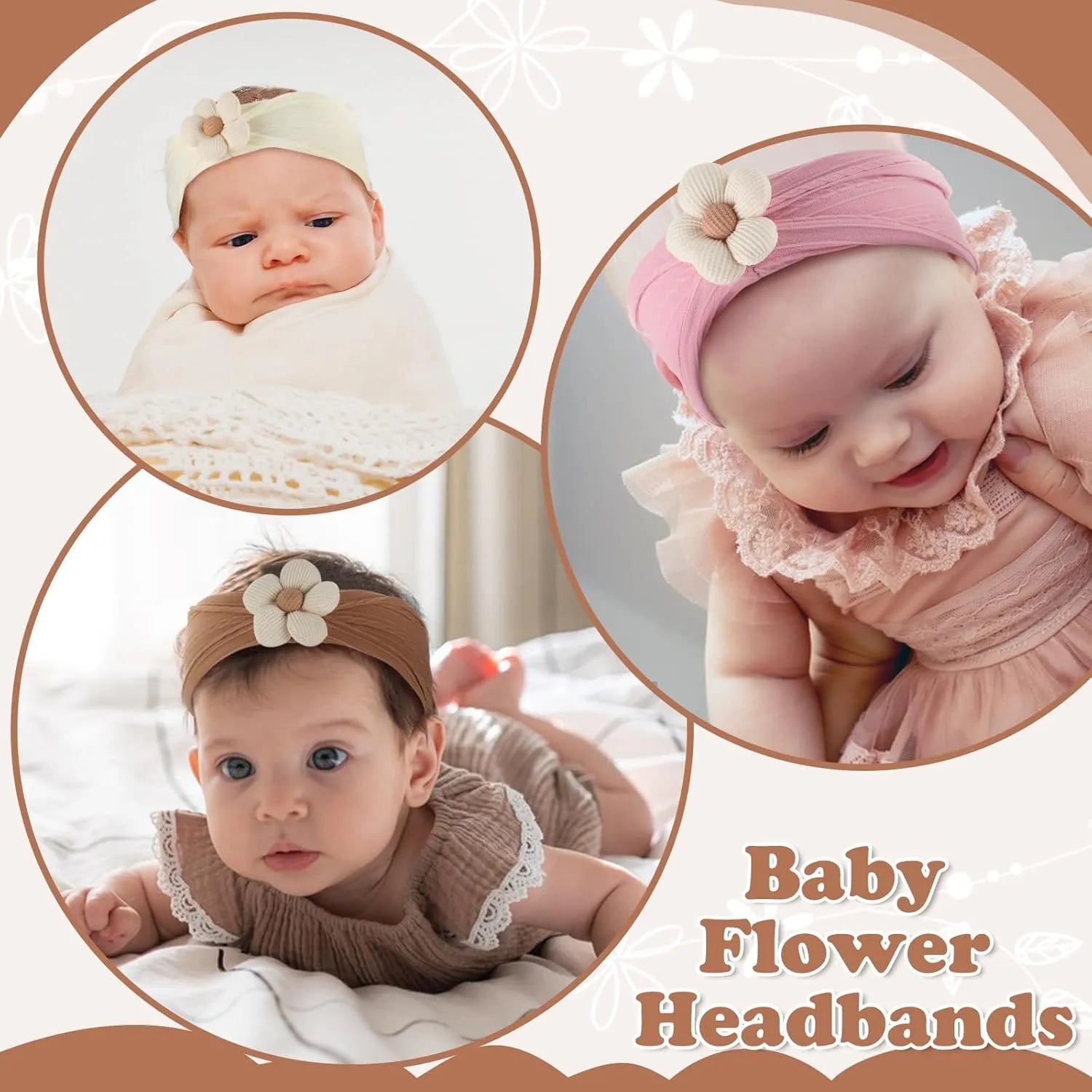 Soft nylon baby flower headbands for newborns, toddlers, in beige, pink, khaki, brown, white colours