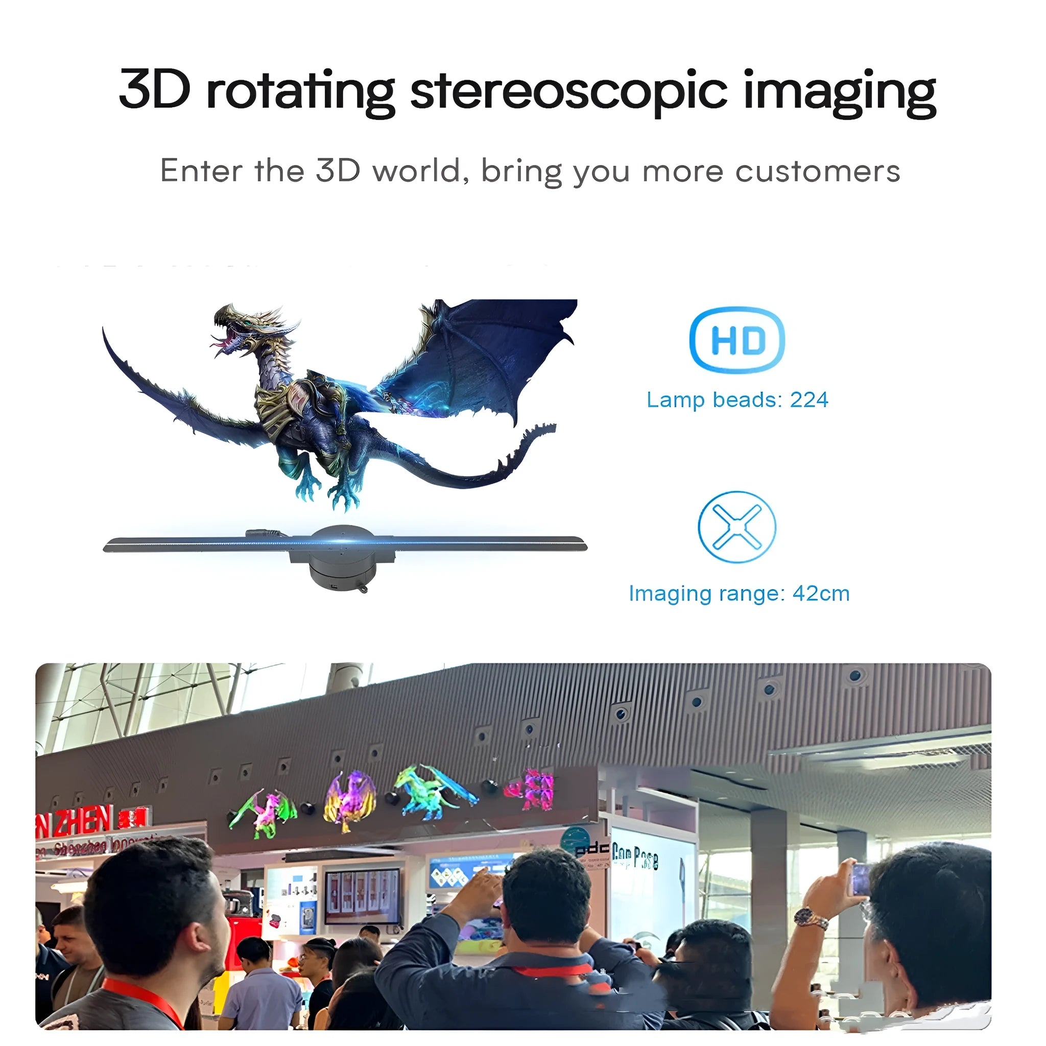 Naked Eye 3D Stereo Projector rotating LED advertising machine with 224 beads and 41cm display