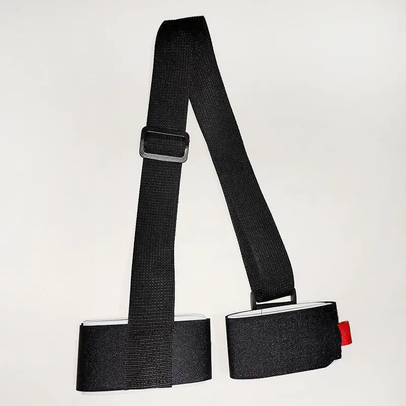 Adjustable hook and loop skiing bandage strap in black, blue, pink, or red colours.