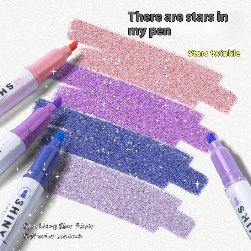 Set of four glitter highlighter pens in various colours showing slanted 4mm tips.