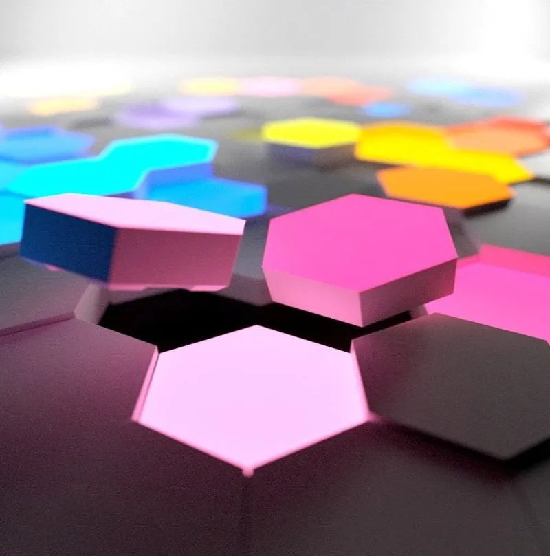 Smart home quantum lamp with controller and three colourful light blocks for indoor use