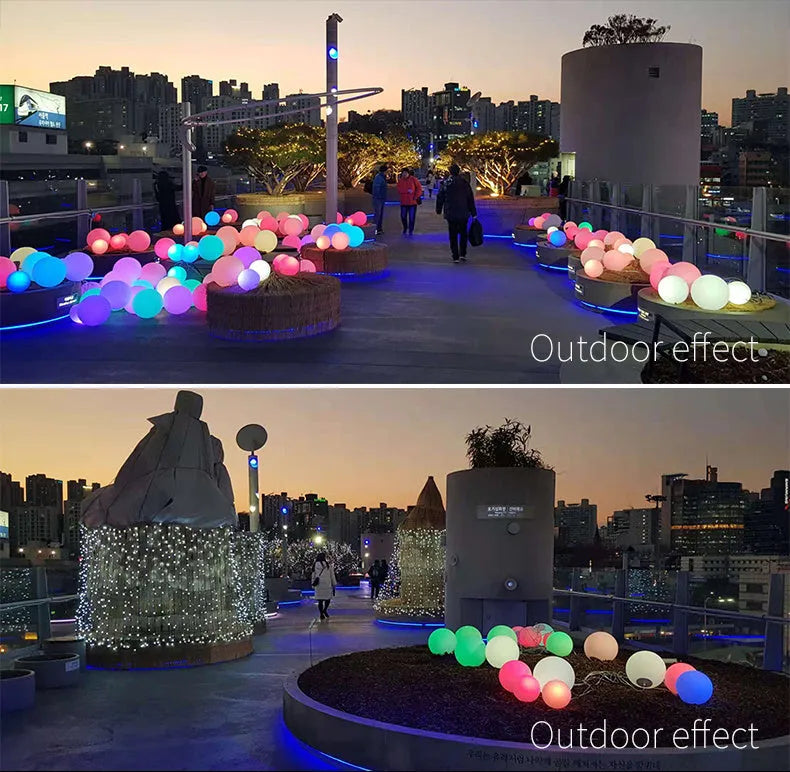 Remote-controlled LED ball lamp floating in a pool, showing multicolour light with IP67 waterproof rating.