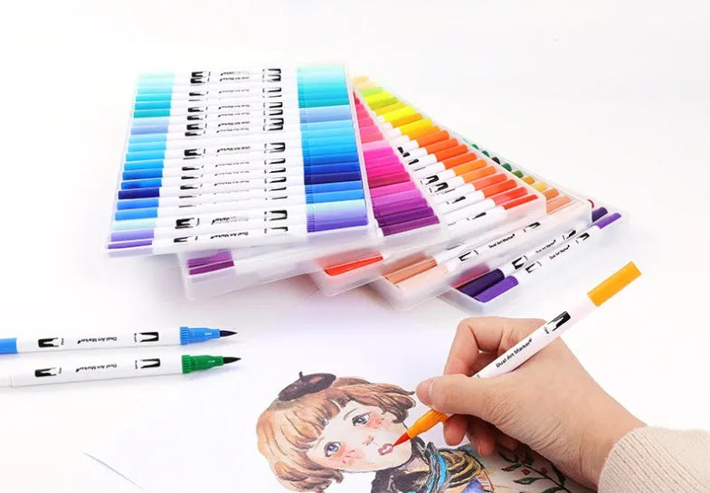 Set of watercolour pens in a case showing multiple colour options for artistic use.