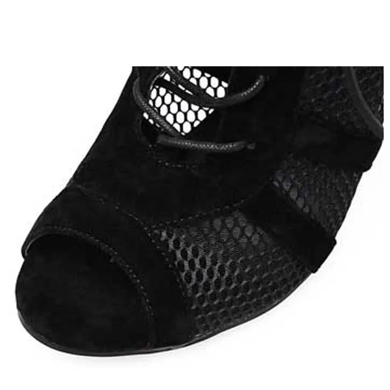 Black suede women's lace-up high heel shoes with an 11.5cm heel on a plain background