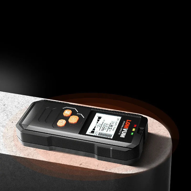 Handheld multifunctional wall detector for locating wires, metal pipes, and wooden studs behind walls.