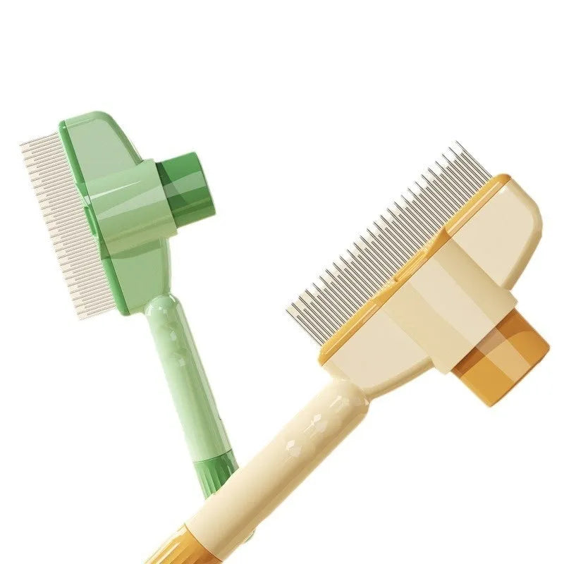 Yellow and green self-cleaning pet comb for cats and dogs with stainless steel teeth and a release button.