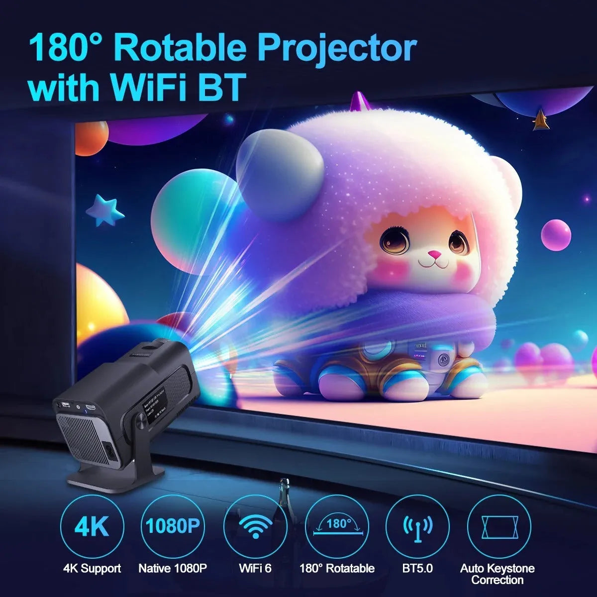 Small 1080p projector with 390 ANSI lumens, Android version, WiFi and 5G connectivity, shown with remote control and power cord.