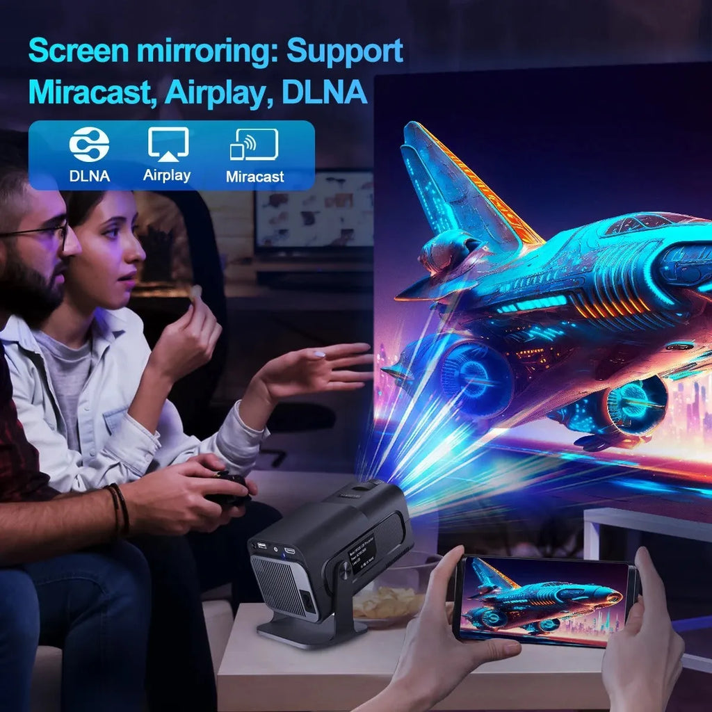 Small 1080p projector with 390 ANSI lumens, Android version, WiFi and 5G connectivity, shown with remote control and power cord.