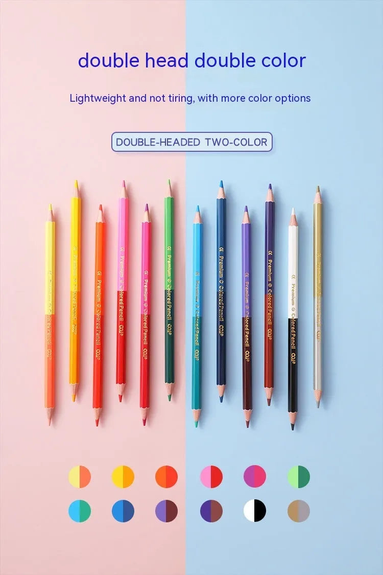 Set of wooden double-headed coloured pencils in 12-piece and 6-piece pack options for art students.