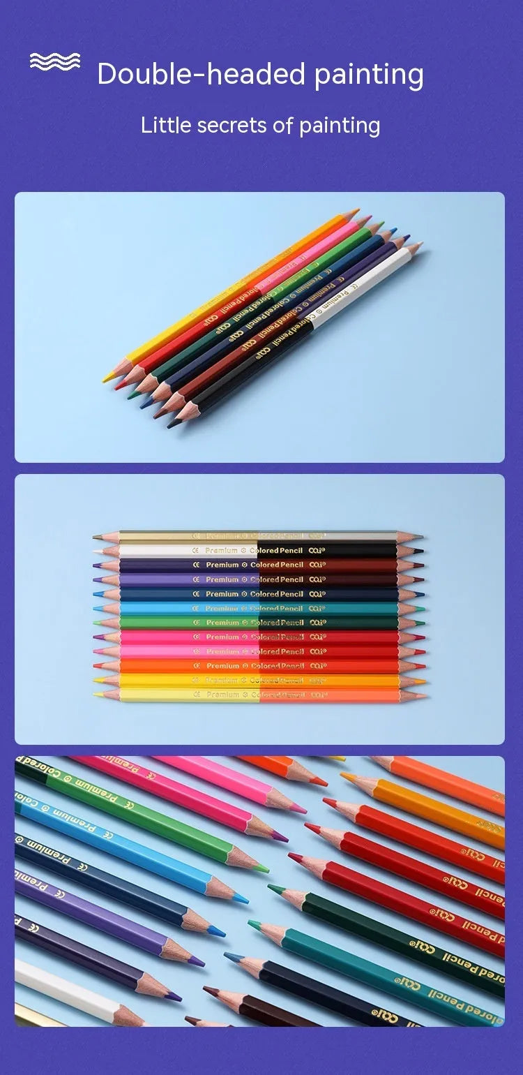 Set of wooden double-headed coloured pencils in 12-piece and 6-piece pack options for art students.