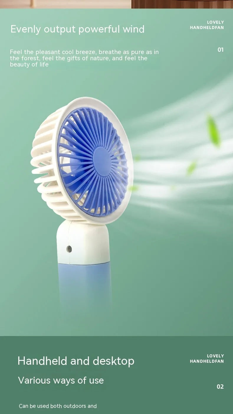 Handheld mini fan with phone holder, 16x8x6cm, five plastic blades, available in brown, pink, or blue.
