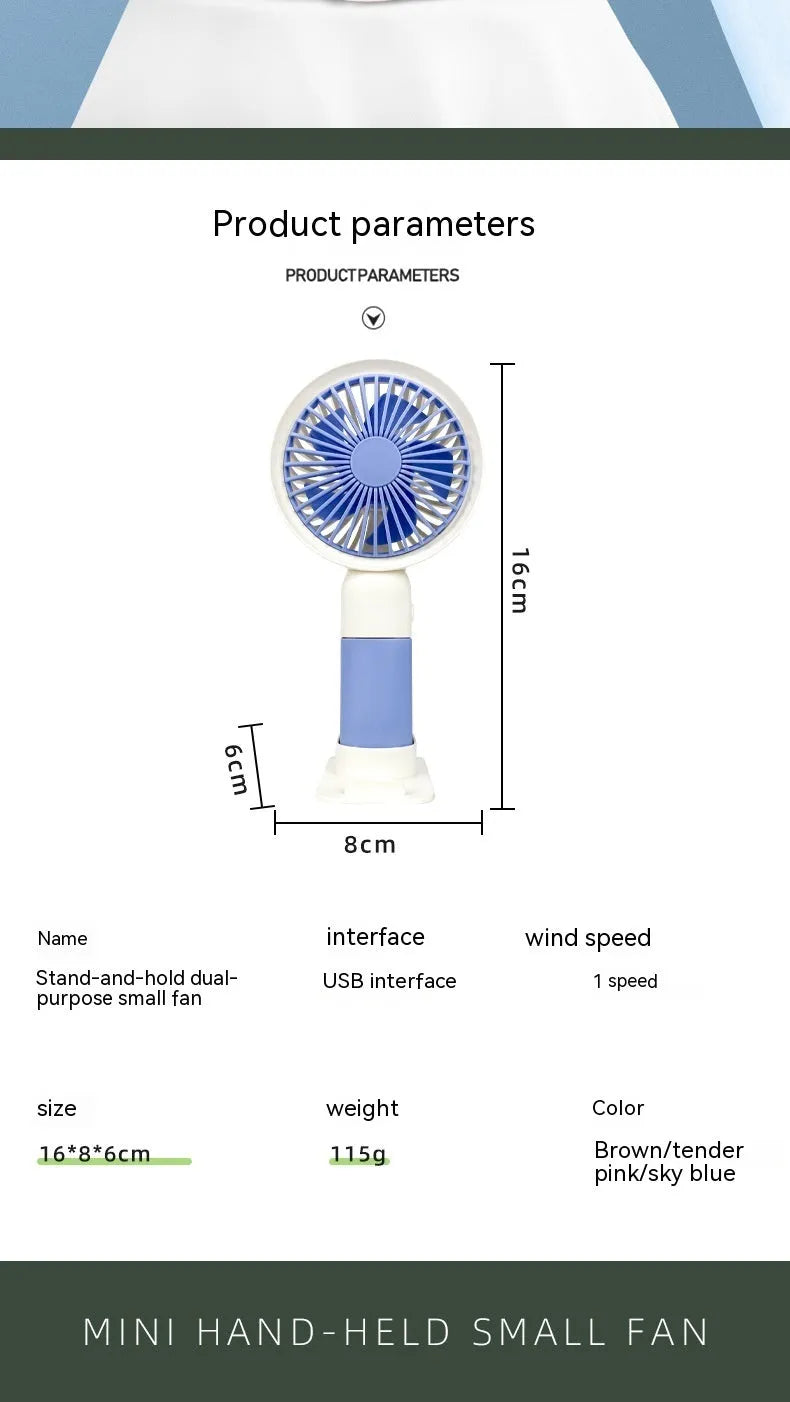 Handheld mini fan with phone holder, 16x8x6cm, five plastic blades, available in brown, pink, or blue.