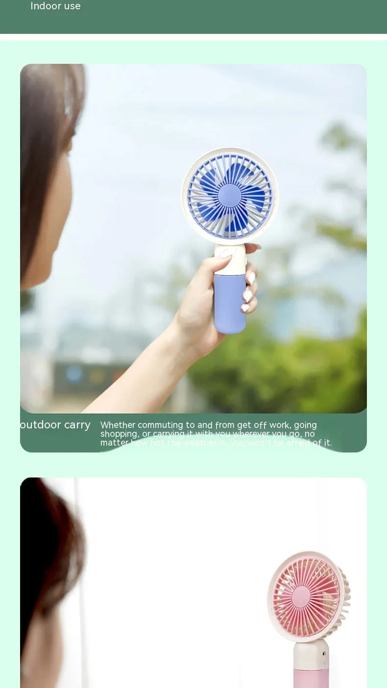 Handheld mini fan with phone holder, 16x8x6cm, five plastic blades, available in brown, pink, or blue.