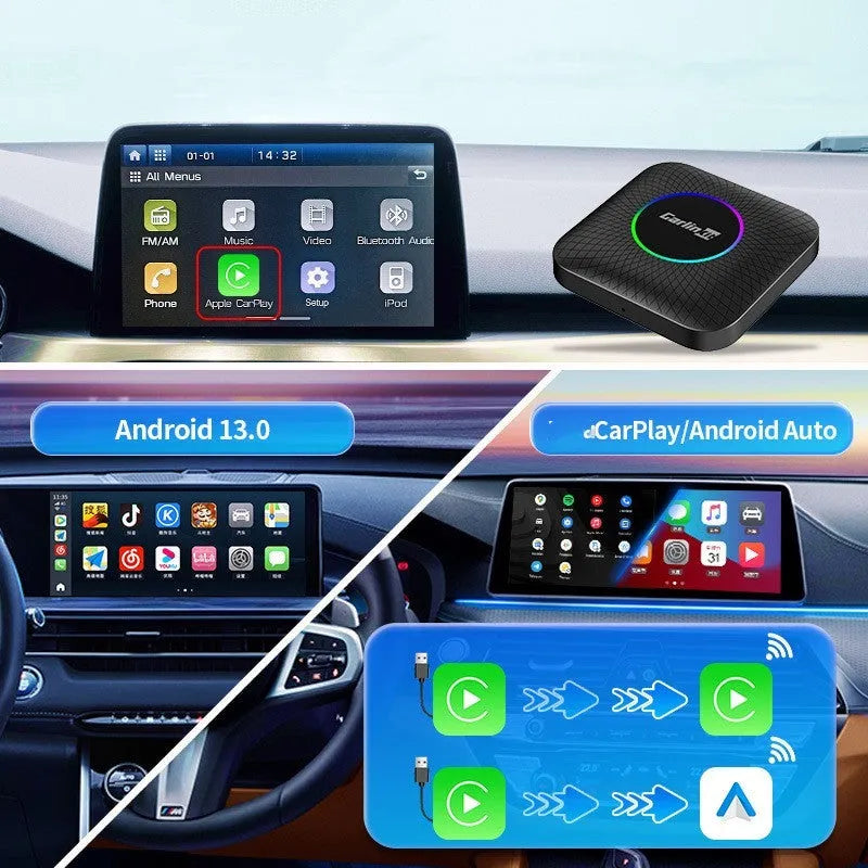 Compact black ABS PC wireless CarPlay adapter box with data cables for original car systems.