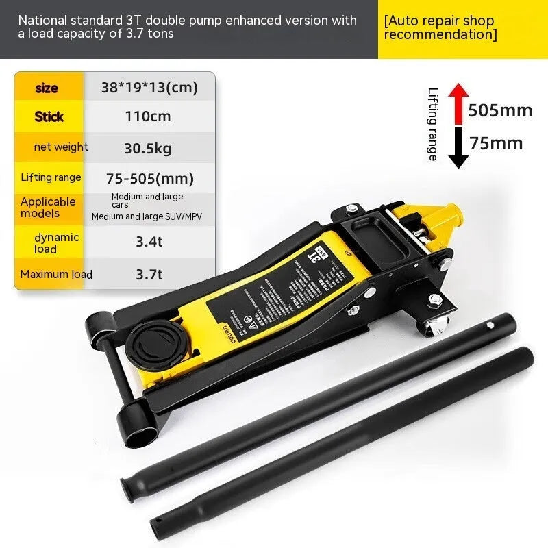 Horizontal hydraulic low car jack with handle for vehicle tyre changes