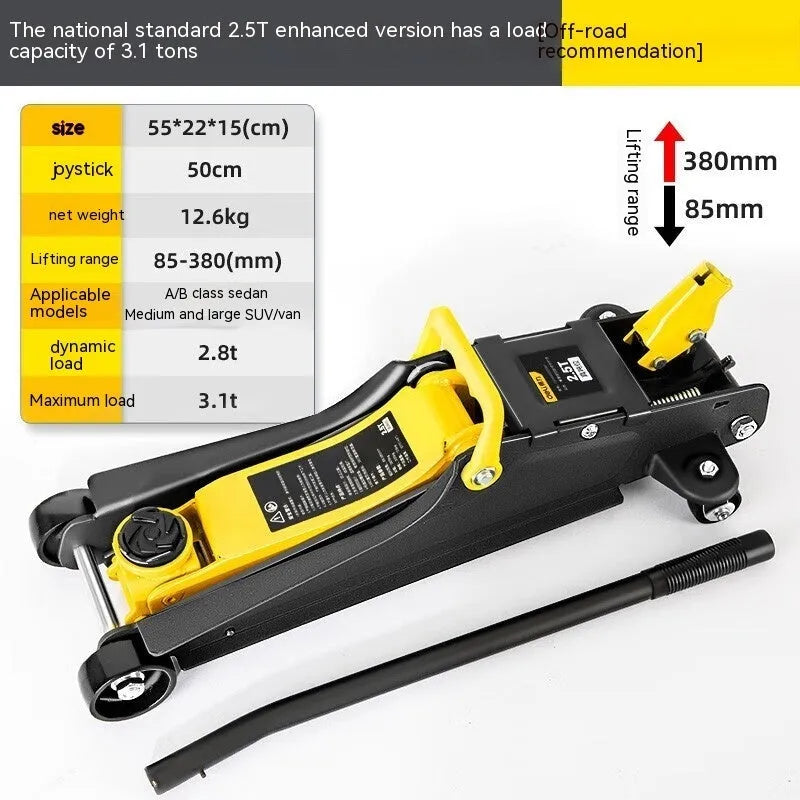 Horizontal hydraulic low car jack with handle for vehicle tyre changes