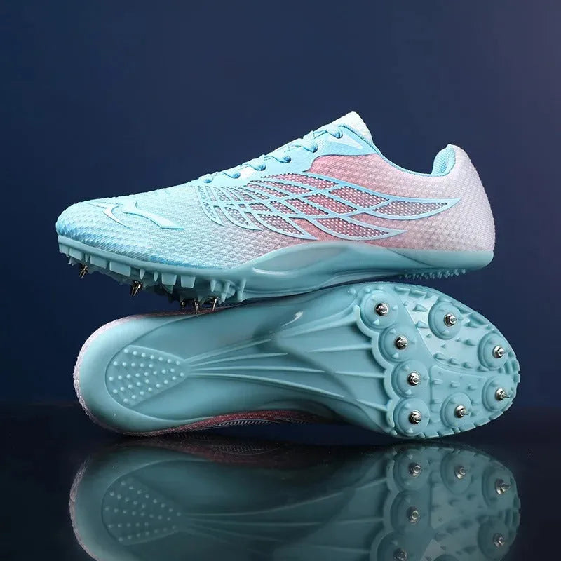 Track and field spiked shoes with mesh upper, PVC sole, front tie-up fastening, white and blue, sizes 36-45