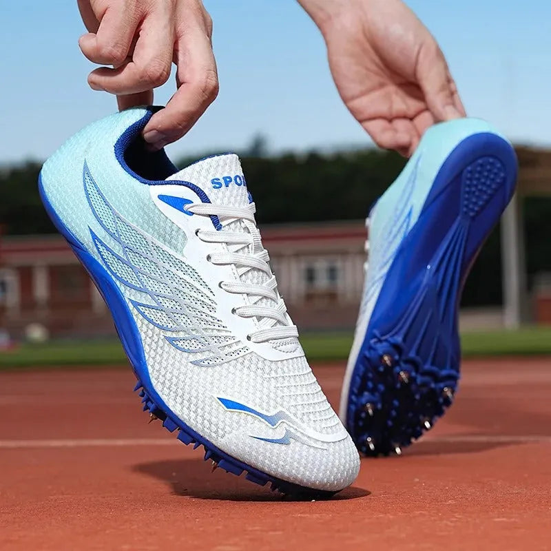 Track and field spiked shoes with mesh upper, PVC sole, front tie-up fastening, white and blue, sizes 36-45