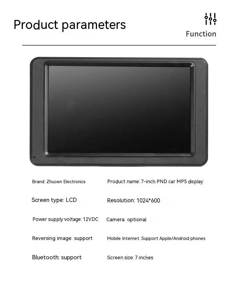 7-inch vehicle MP5 player in black with mounting bracket and connection cables