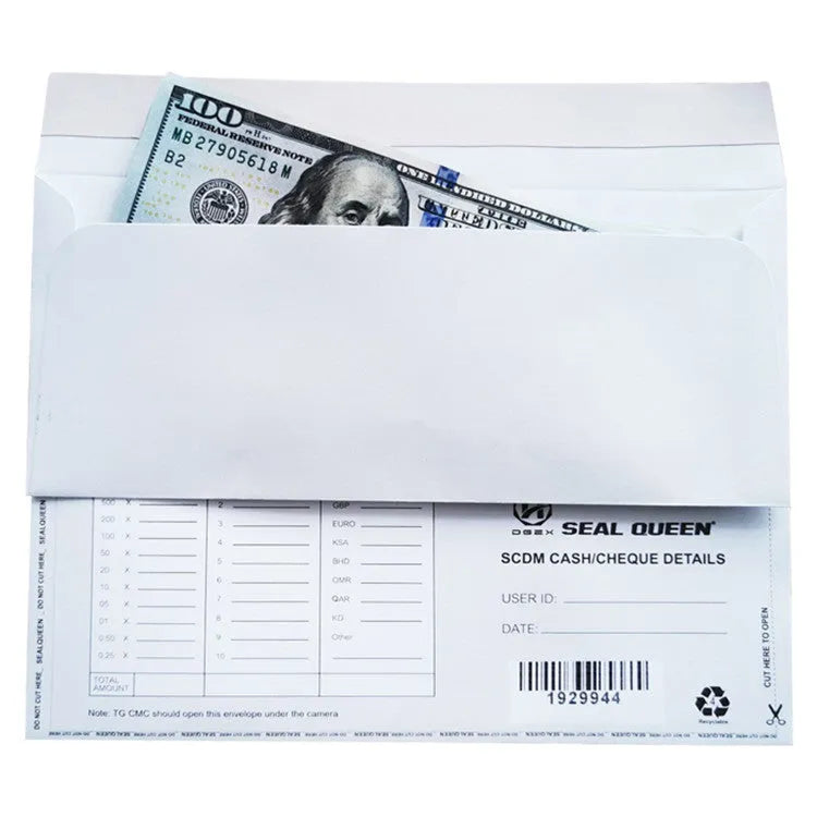 Blue confidential security envelope showing tamper-evident design with self-adhesive flap closure, dimensions 105x240mm