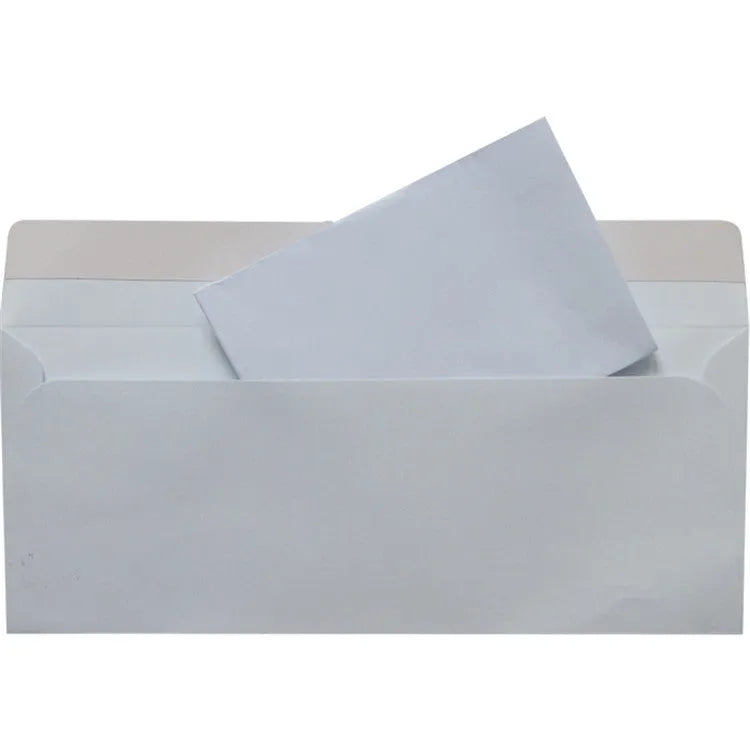 Blue confidential security envelope showing tamper-evident design with self-adhesive flap closure, dimensions 105x240mm