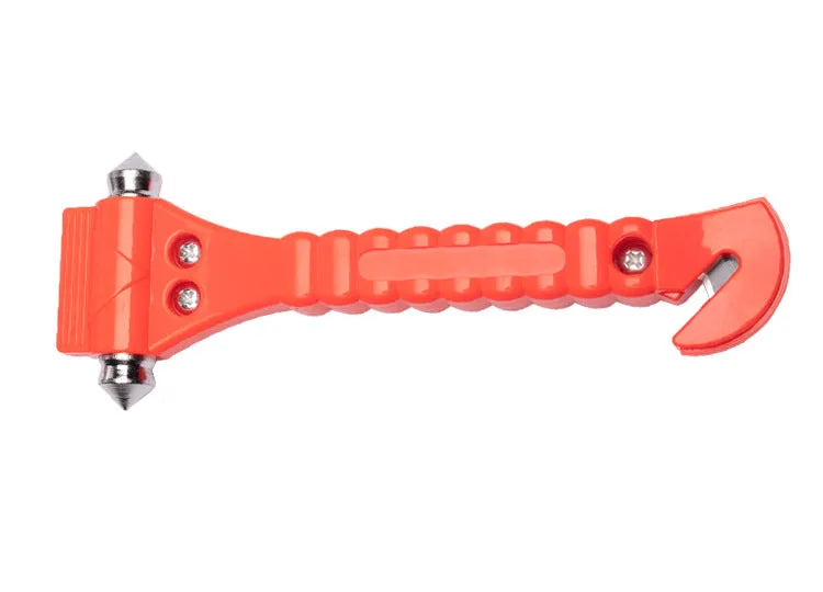 Red two-in-one car emergency hammer with window breaker and seatbelt cutter functions