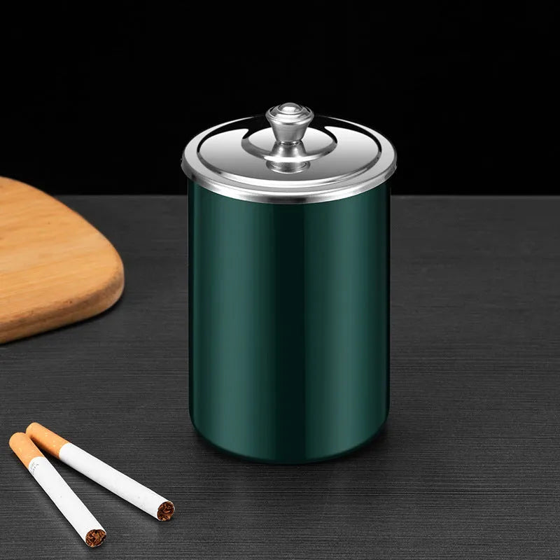 Stainless steel fly ash ashtray with cover measuring 7.5 by 9.5 centimetres