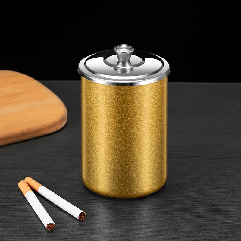 Stainless steel fly ash ashtray with cover measuring 7.5 by 9.5 centimetres