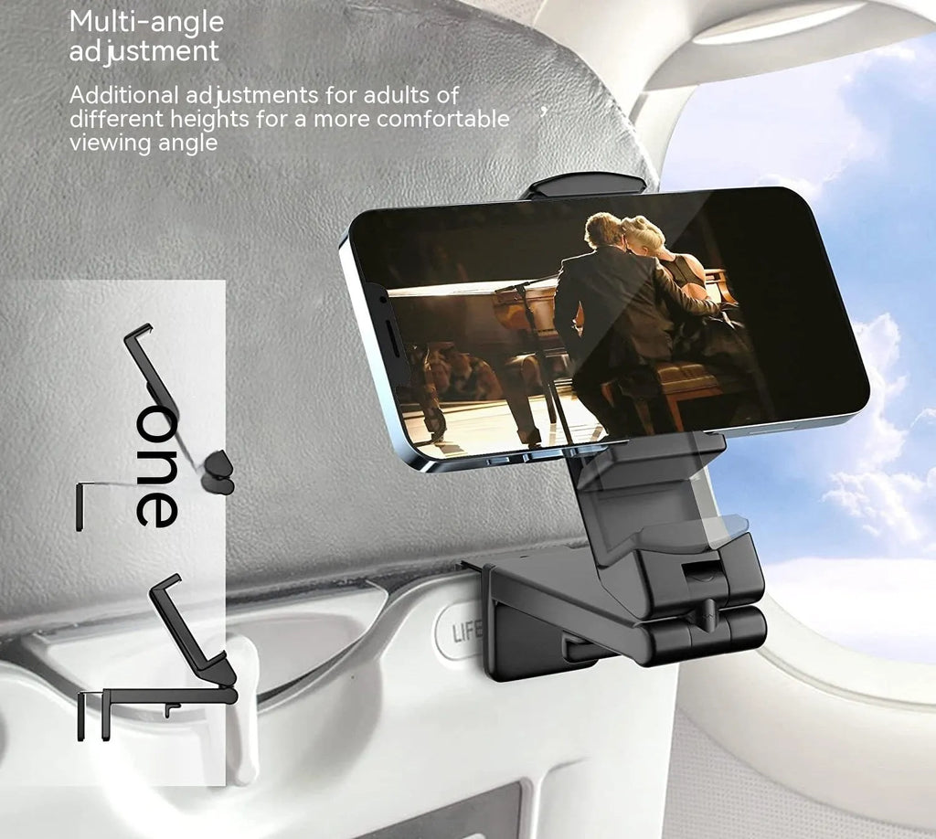 Foldable rotating universal mobile phone holder in black, shown open and closed, on a desk.