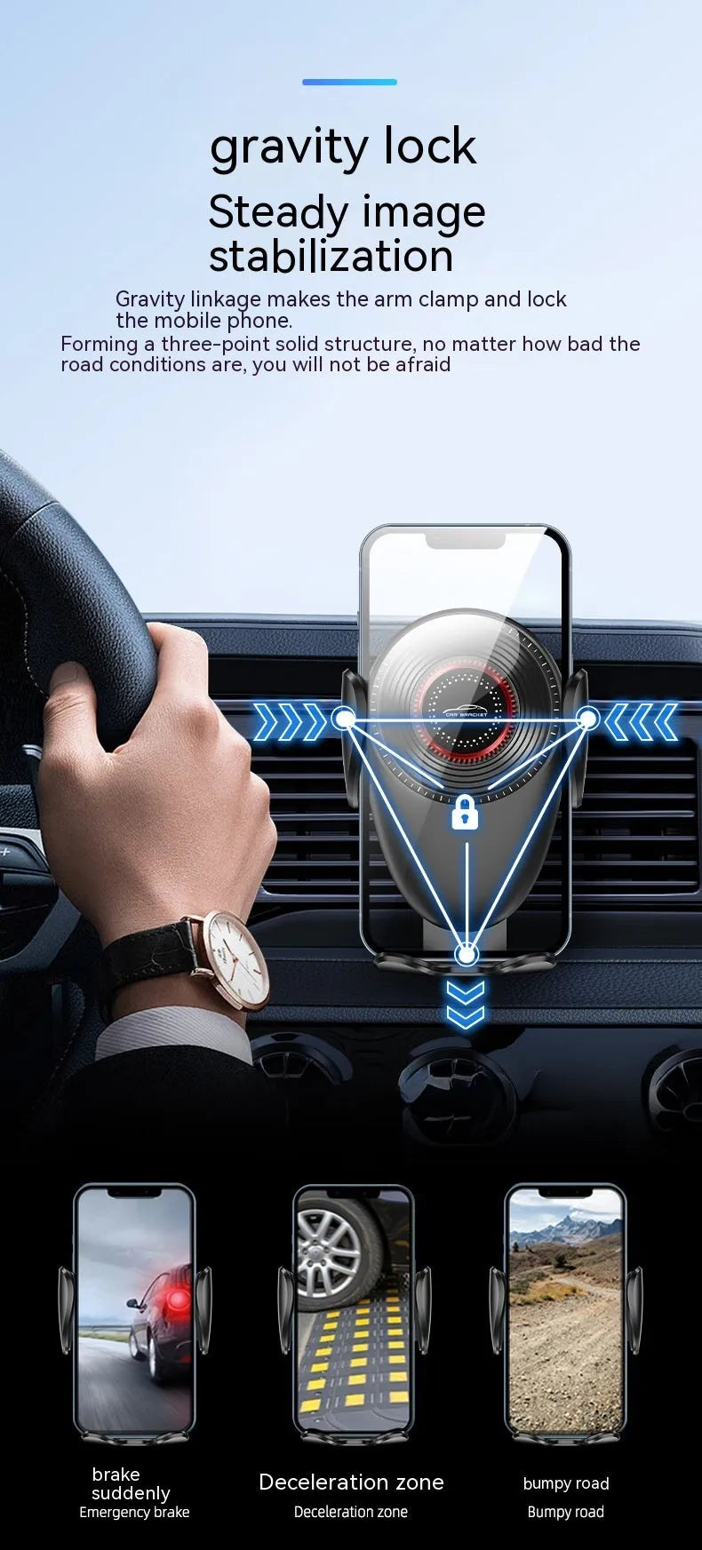 Black universal car mobile phone bracket with mechanical clamp for air vent mounting