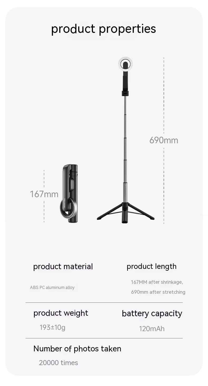 Magnetic mini selfie stick in black with Bluetooth remote and aluminium alloy tripod on a table