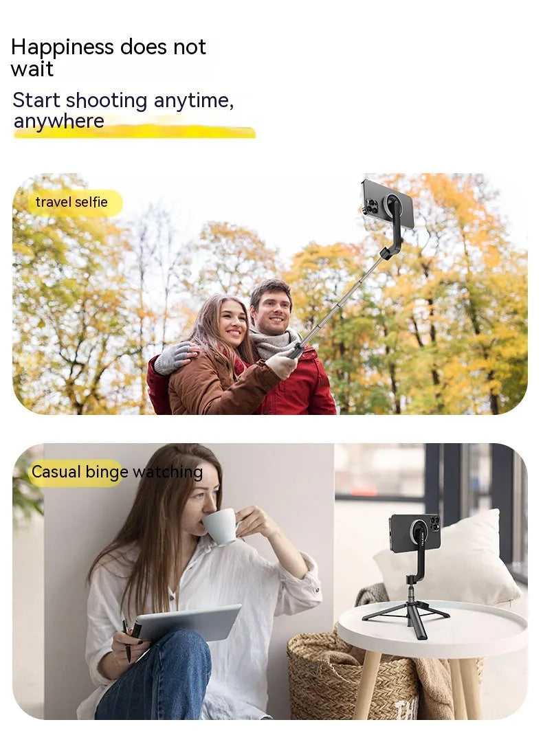 Magnetic mini selfie stick in black with Bluetooth remote and aluminium alloy tripod on a table