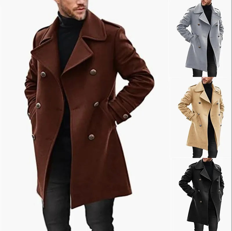 Woolen men's coat in solid colour with polyester lining, straight hem, and embedded pockets on a model