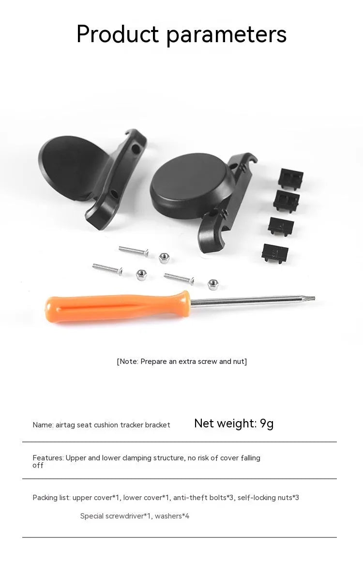 Black ABS plastic bicycle tracking locator bracket with anti-theft hardware components