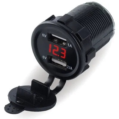 Waterproof motorcycle car charger with USB port and cigarette lighter socket showing LED indicator light