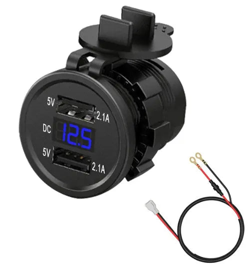 Waterproof motorcycle car charger with USB port and cigarette lighter socket showing LED indicator light