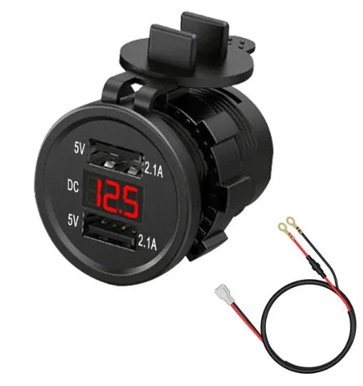 Waterproof motorcycle car charger with USB port and cigarette lighter socket showing LED indicator light