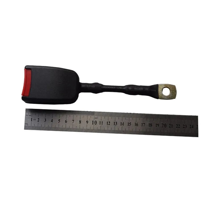 Car seat belt safety buckle with 20cm long steel wire lock for 21cm wide vehicle sockets.