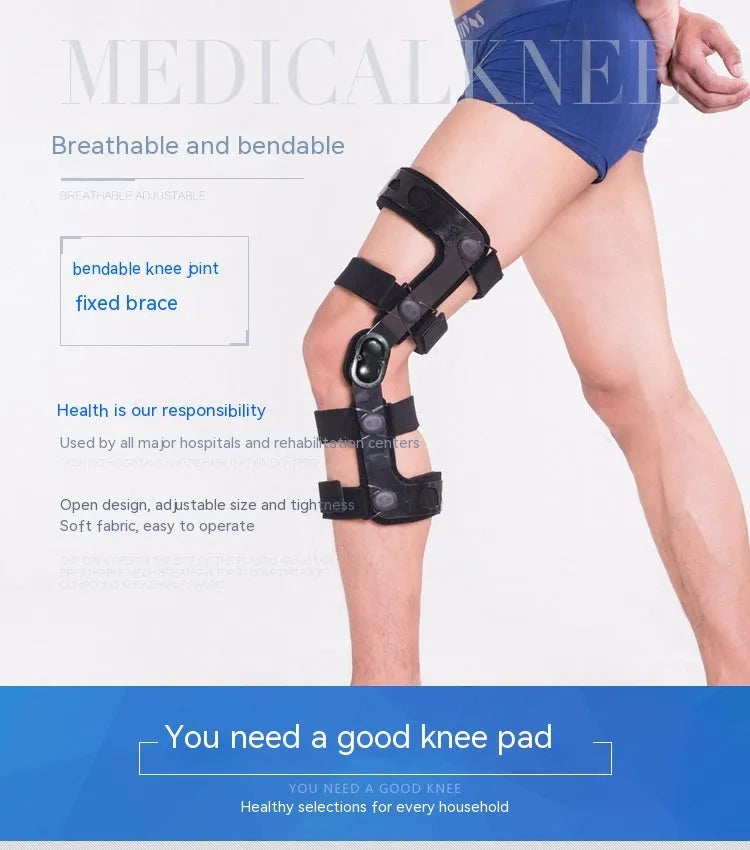 Black anterior ligament knee pad with metal stabiliser showing sandwich construction and sizing options