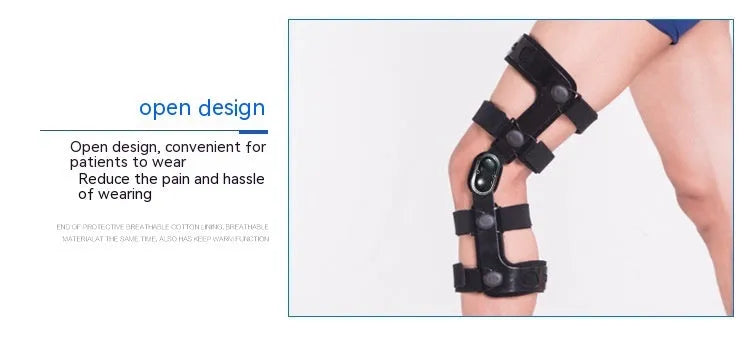 Black anterior ligament knee pad with metal stabiliser showing sandwich construction and sizing options