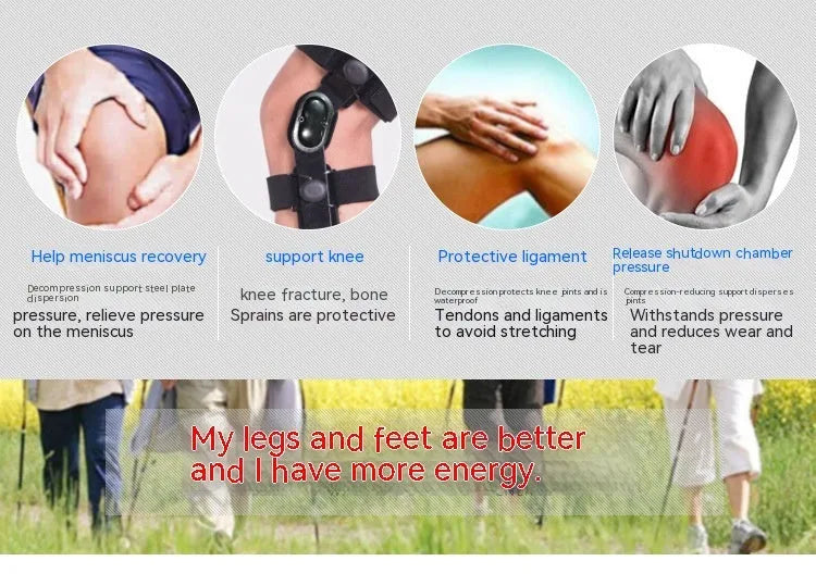 Black anterior ligament knee pad with metal stabiliser showing sandwich construction and sizing options