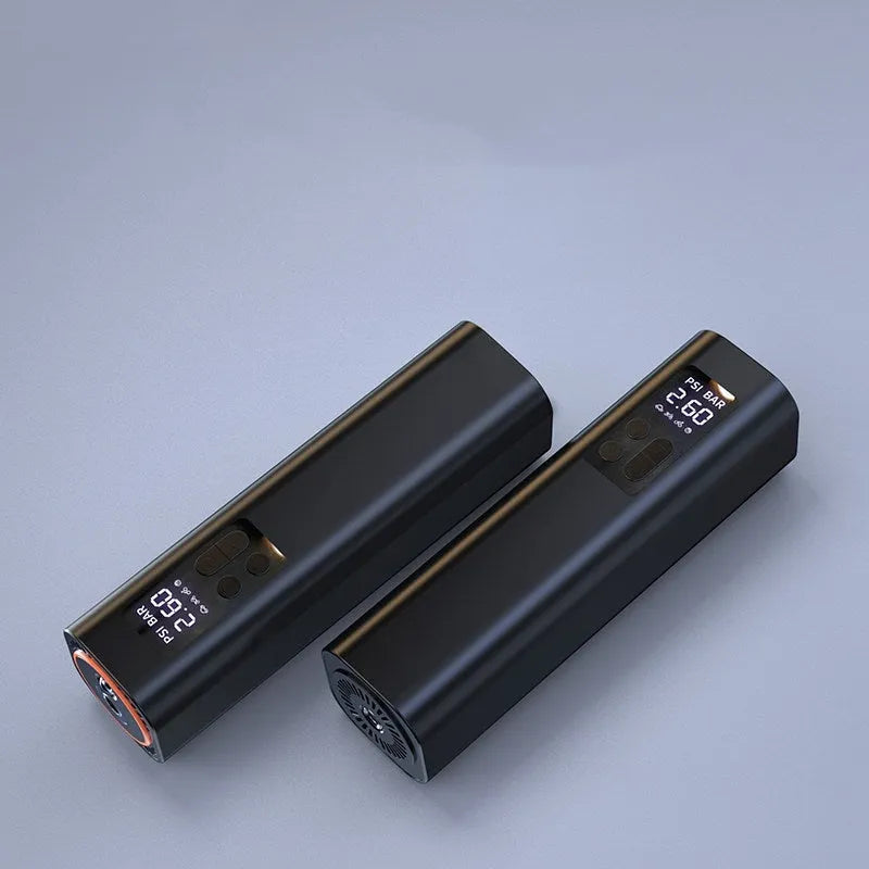 Black digital display car tyre inflator measuring 18cm with 12V external power connection