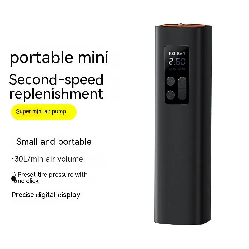 Black digital display car tyre inflator measuring 18cm with 12V external power connection