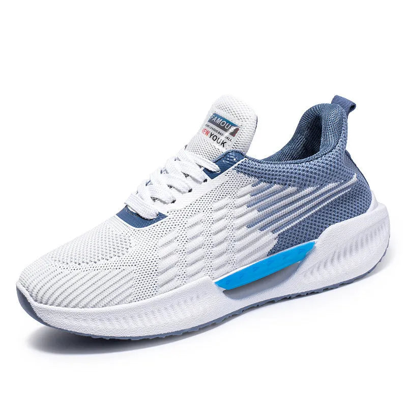 Men's blue casual mesh sports shoes with round toe and cloth upper.