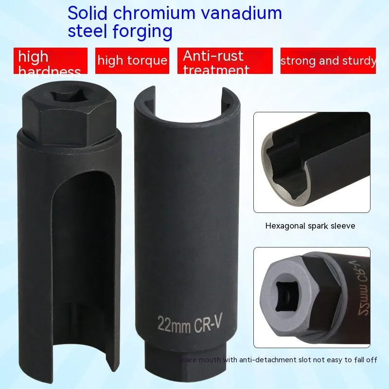 Black chromium vanadium steel oxygen sensor sleeve tool for 22mm nuts.