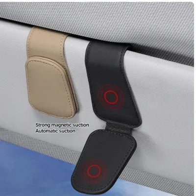 PU leather car sunglasses holder clip attached to a sun visor in beige colour